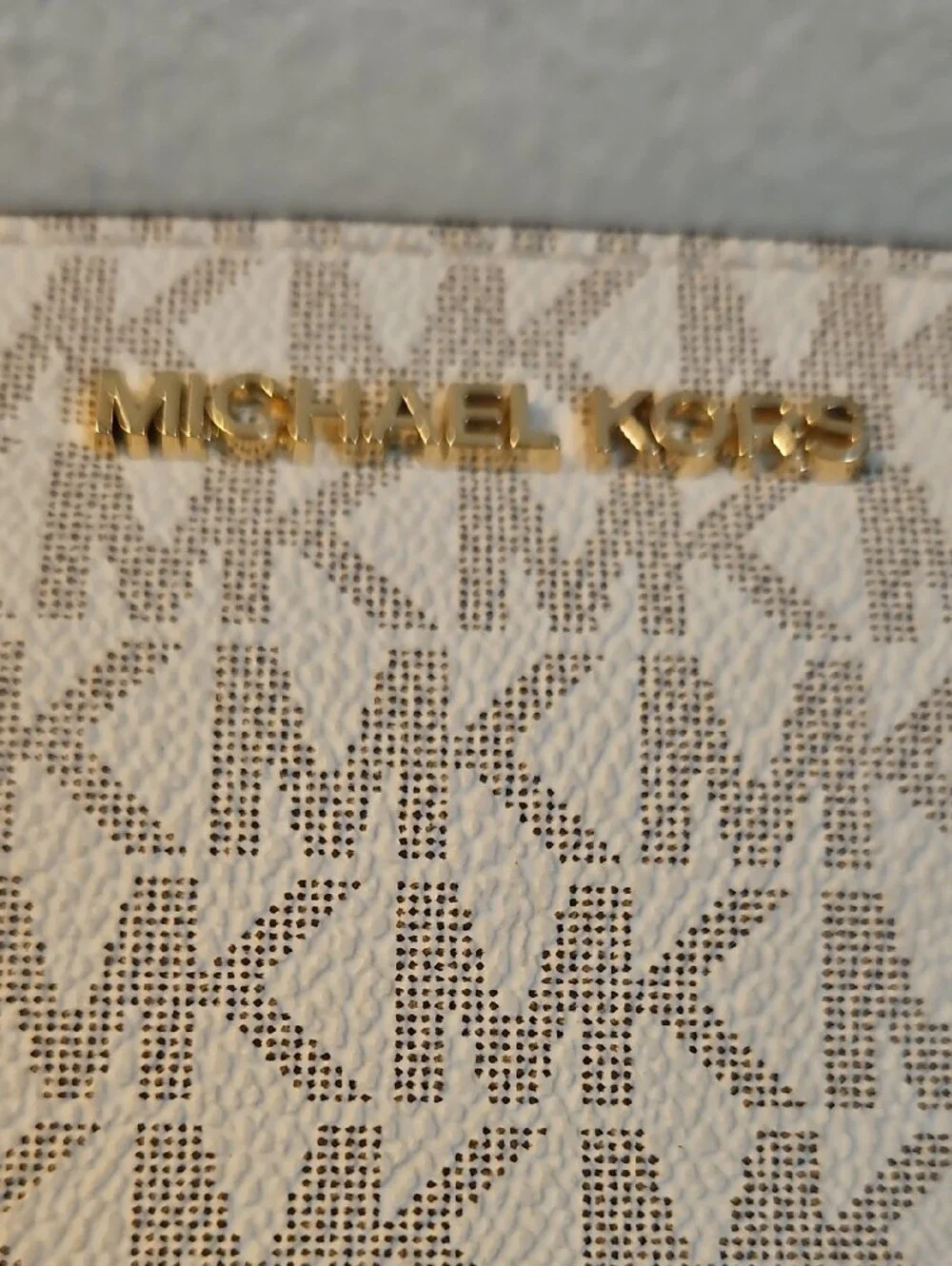 Michael Kors White Logo Print Phone Wristlet with Tan Strap